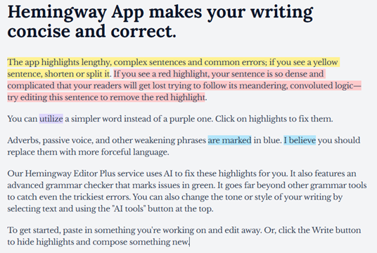 Image shows the Hemingway app