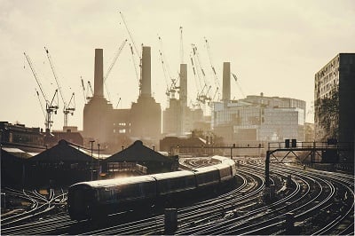 Train with Battersea power station in background