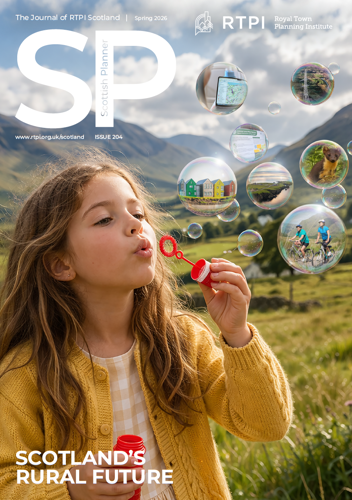 Scottish Planner Issue 204 front cover showing a young girl blowing bubbles against a mountainous rural landscape. The bubbles are floating off into the sky. Six of the bubbles contain images of cycling, colourful buildings and energy infrastructure